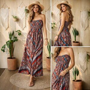 Angie Strapless Boho Maxi Dress Large Floral Paisley Smocked Spring Summer